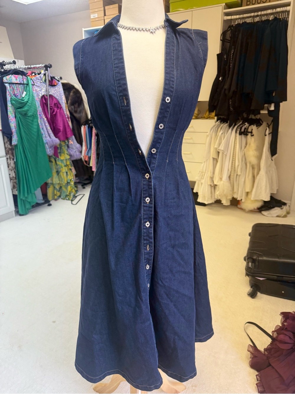 Avec Les Filles Deep Blue Denim Button-Front A-Line Dress